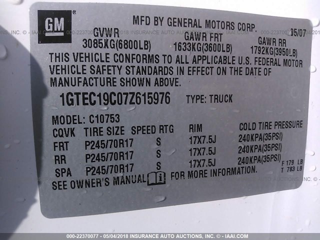 1GTEC19C07Z615976 - 2007 GMC NEW SIERRA C1500 WHITE photo 9