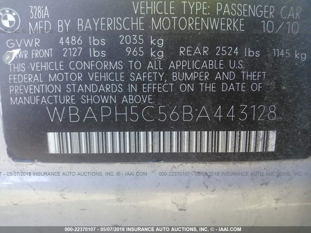 WBAPH5C56BA443128 - 2011 BMW 328 I SULEV SILVER photo 9