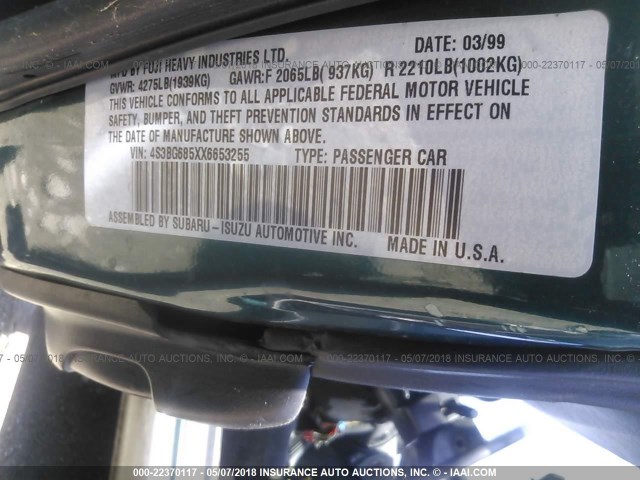 4S3BG685XX6653255 - 1999 SUBARU LEGACY OUTBACK/SSV/LIMITED/30TH მწვანე ფოტო 9