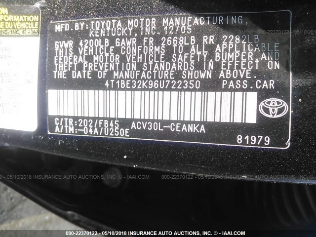 4T1BE32K96U722350 - 2006 TOYOTA CAMRY LE/XLE/SE შავი ფოტო 9