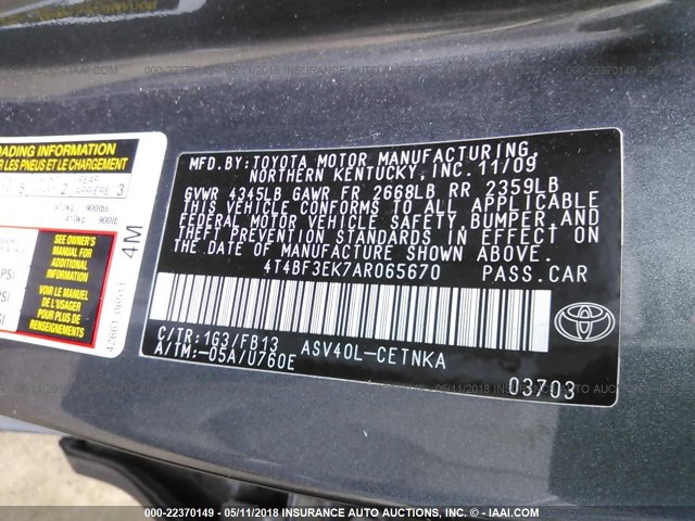 4T4BF3EK7AR065670 - 2010 TOYOTA CAMRY SE/LE/XLE GRAY photo 9