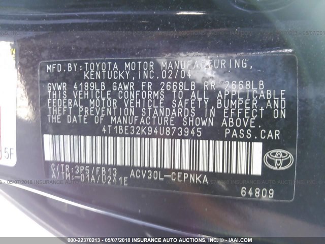 4T1BE32K94U873945 - 2004 TOYOTA CAMRY LE/XLE/SE 灰色 照片 9