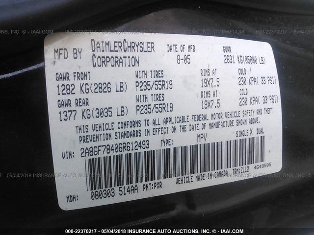 2A8GF78406R612493 - 2006 CHRYSLER PACIFICA LIMITED BLACK photo 9
