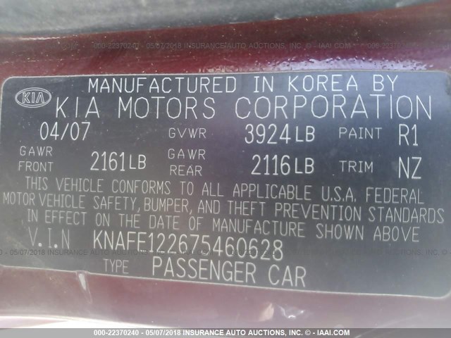 KNAFE122675460628 - 2007 KIA SPECTRA EX/LX MAROON photo 9