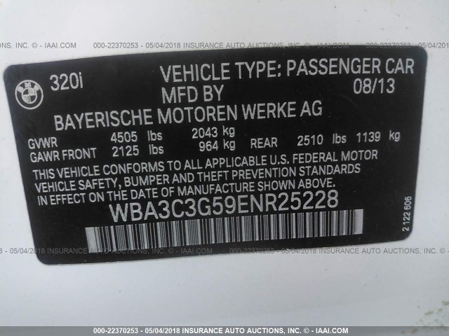 WBA3C3G59ENR25228 - 2014 BMW 320 I/XDRIVE WHITE photo 9