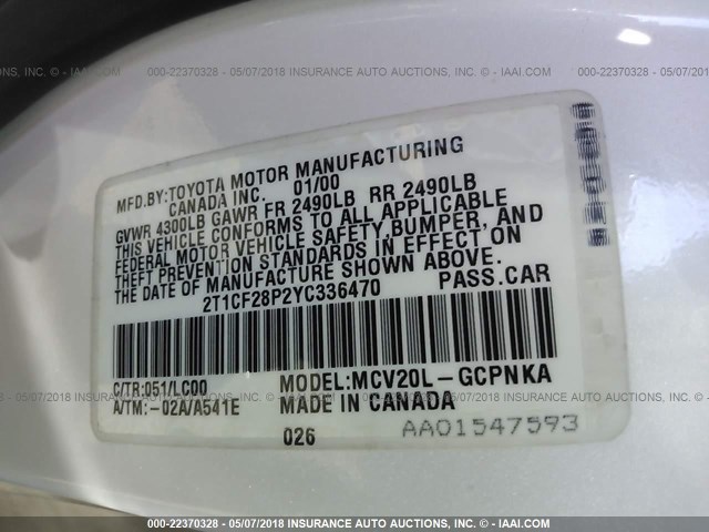 2T1CF28P2YC336470 - 2000 TOYOTA CAMRY SOLARA SE/SLE თეთრი ფოტო 9