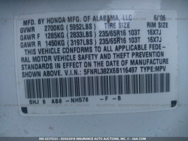 5FNRL382X6B116497 - 2006 HONDA ODYSSEY LX WHITE photo 9