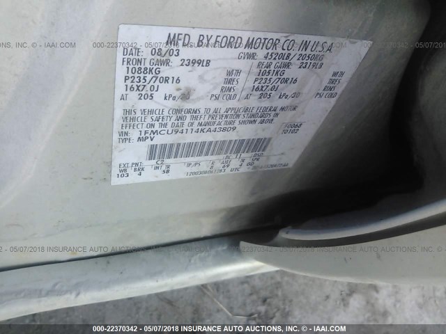 1FMCU94114KA43809 - 2004 FORD ESCAPE LIMITED SILVER photo 9