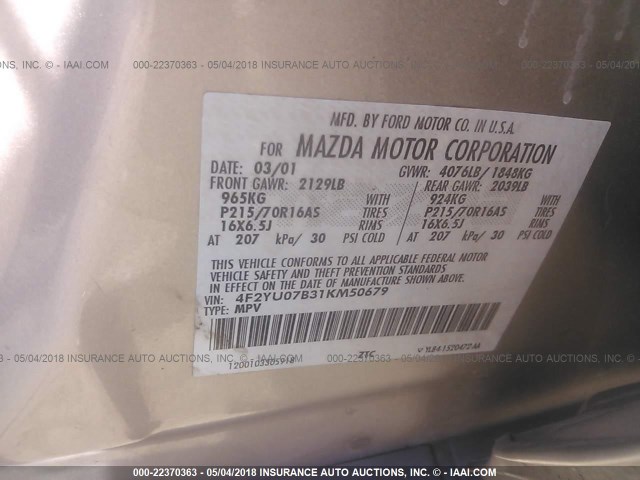 4F2YU07B31KM50679 - 2001 MAZDA TRIBUTE DX 金色 照片 9