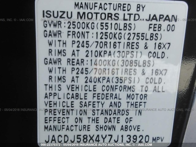 JACDJ58X4Y7J13920 - 2000 ISUZU TROOPER S/LS/LIMITED 绿色 照片 9