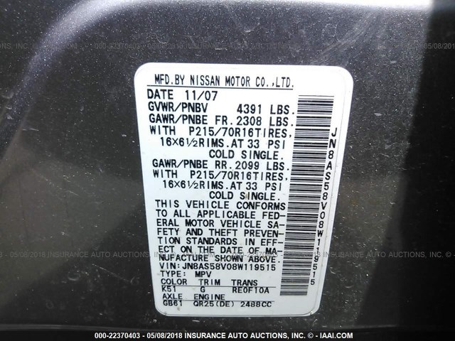 JN8AS58V08W119515 - 2008 NISSAN ROGUE S/SL GRAY photo 9