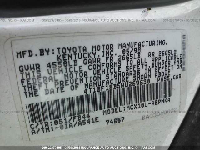 4T1BF18B5WU269630 - 1998 TOYOTA AVALON XL/XLS WHITE photo 9