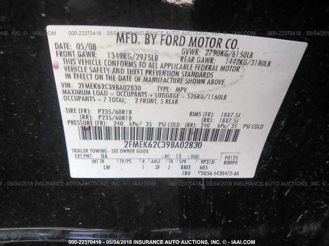 2FMEK62C39BA02830 - 2009 FORD FLEX SEL BLACK photo 9