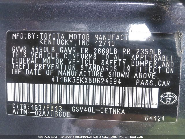 4T1BK3EKXBU624894 - 2011 TOYOTA CAMRY SE/LE/XLE GRAY photo 9