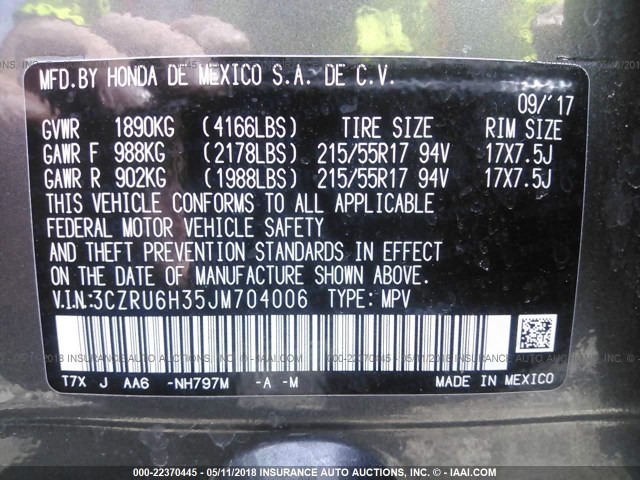 3CZRU6H35JM704006 - 2018 HONDA HR-V LX GRAY photo 9