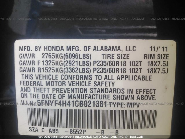 5FNYF4H41CB021381 - 2012 HONDA PILOT EX Dark Blue photo 9