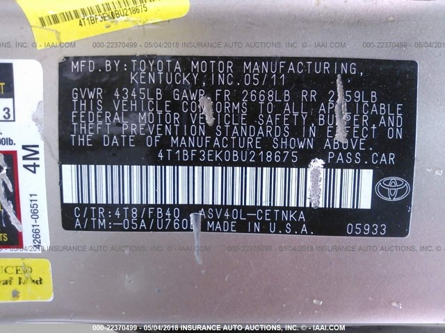 4T1BF3EK0BU218675 - 2011 TOYOTA CAMRY SE/LE/XLE 金色 照片 9