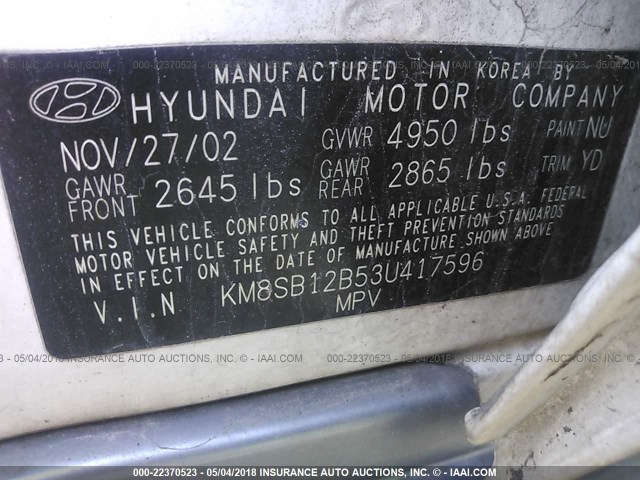 KM8SB12B53U417596 - 2003 HYUNDAI SANTA FE GL WHITE photo 9