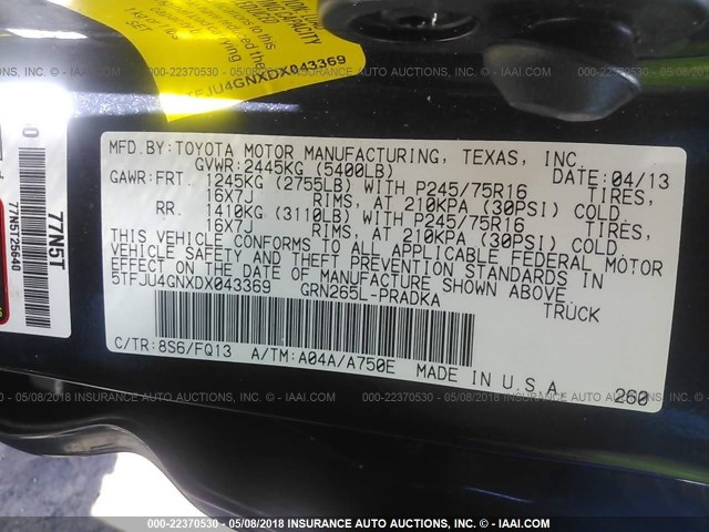 5TFJU4GNXDX043369 - 2013 TOYOTA TACOMA DOUBLE CAB PRERUNNER BLUE photo 9