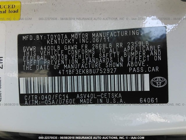 4T1BF3EK8BU752927 - 2011 TOYOTA CAMRY SE/LE/XLE თეთრი ფოტო 9