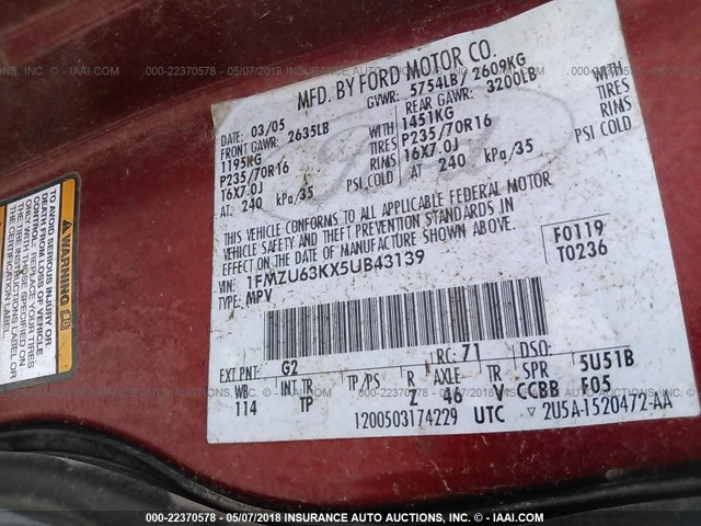 1FMZU63KX5UB43139 - 2005 FORD EXPLORER XLT/XLT SPORT/NBX 红色 照片 9