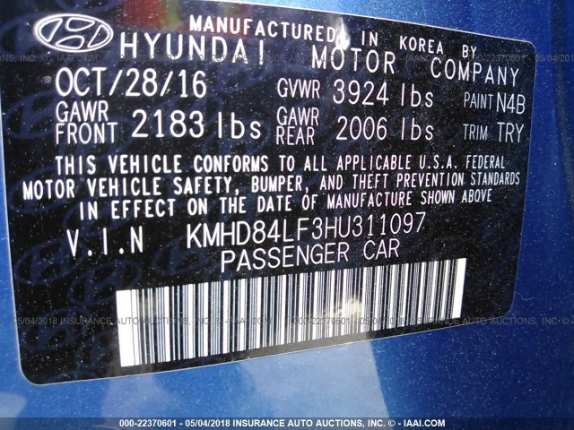 KMHD84LF3HU311097 - 2017 HYUNDAI ELANTRA SE/VALUE/LIMITED BLUE photo 9