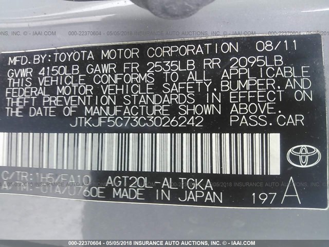 JTKJF5C73C3026242 - 2012 TOYOTA SCION TC 灰色 照片 9