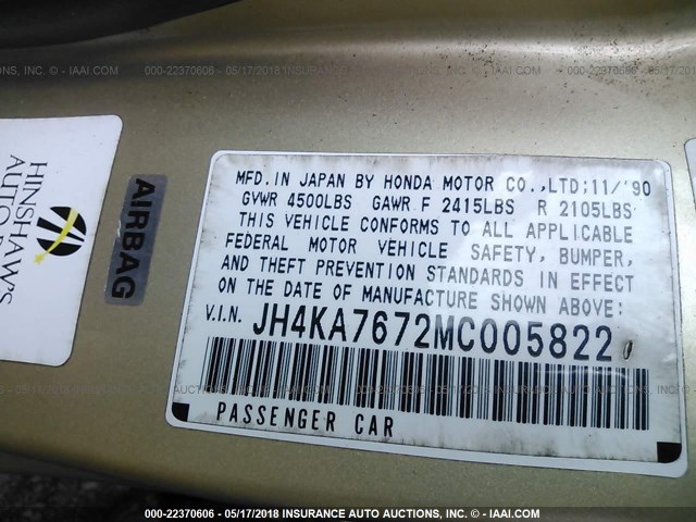 JH4KA7672MC005822 - 1991 ACURA LEGEND LS GOLD photo 9