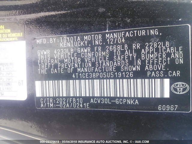 4T1CE38P05U519126 - 2005 TOYOTA CAMRY SOLARA SE/SLE შავი ფოტო 9