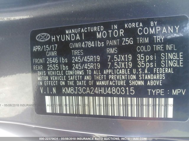 KM8J3CA24HU480315 - 2017 HYUNDAI TUCSON LIMITED/SPORT AND ECO/SE GRAY photo 9