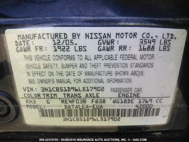 3N1CB51D96L517902 - 2006 NISSAN SENTRA 1.8/1.8S BLACK photo 9