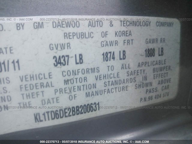 KL1TD6DE2BB200631 - 2011 CHEVROLET AVEO LS/LT 灰色 照片 9