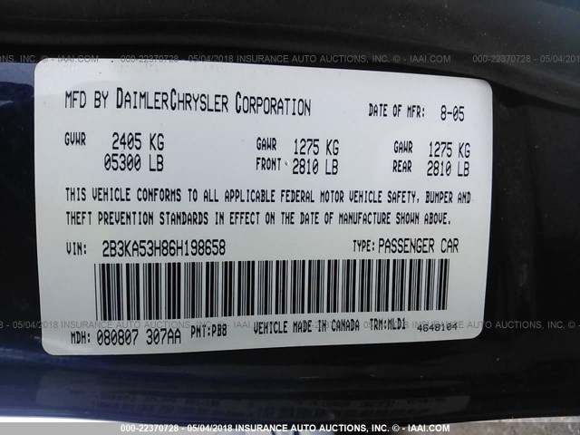 2B3KA53H86H198658 - 2006 DODGE CHARGER R/T BLUE photo 9