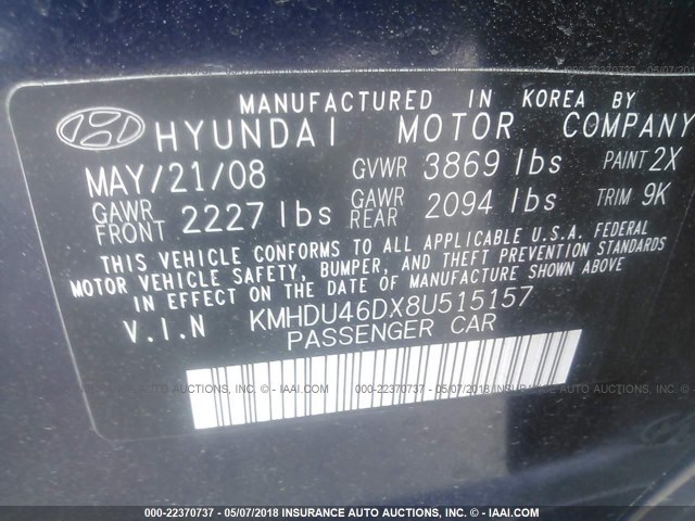 KMHDU46DX8U515157 - 2008 HYUNDAI ELANTRA GLS/SE/LIMITED BLUE photo 9