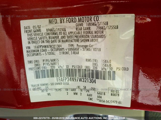 1FAFP34N97W321304 - 2007 FORD FOCUS ZX4/S/SE/SES 红色 照片 9