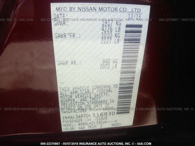 1N4AL3AP7GN316930 - 2016 NISSAN ALTIMA 2.5/S/SV/SL/SR BURGUNDY photo 9