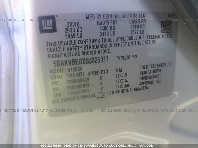 5GAKVBED1BJ325918 - 2011 BUICK ENCLAVE CXL 银色 照片 9