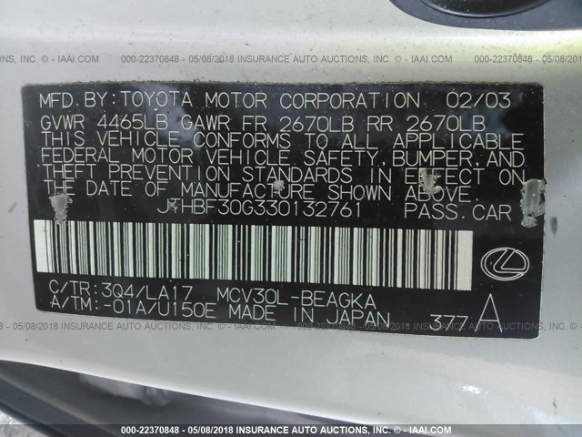 JTHBF30G330132761 - 2003 LEXUS ES 300 SILVER photo 9