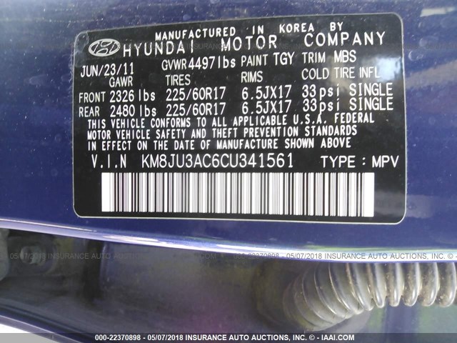 KM8JU3AC6CU341561 - 2012 HYUNDAI TUCSON GLS/LIMITED 蓝色 照片 9