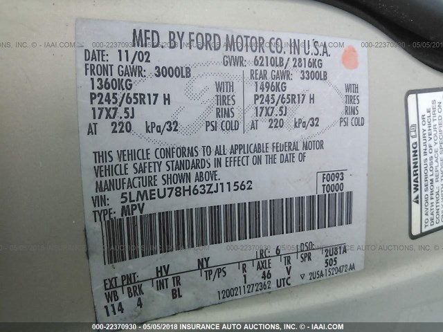 5LMEU78H63ZJ11562 - 2003 LINCOLN AVIATOR 棕色 照片 9