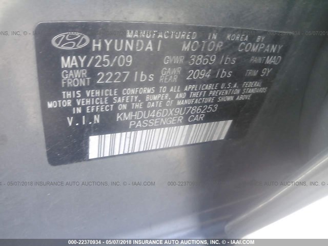 KMHDU46DX9U786253 - 2009 HYUNDAI ELANTRA GLS/SE GRAY photo 9