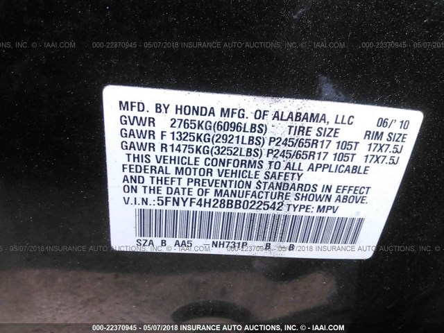 5FNYF4H28BB022542 - 2011 HONDA PILOT LX BLACK photo 9