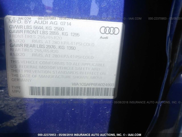 WA1CGAFP6FA024903 - 2015 AUDI SQ5 PREMIUM PLUS BLUE photo 9