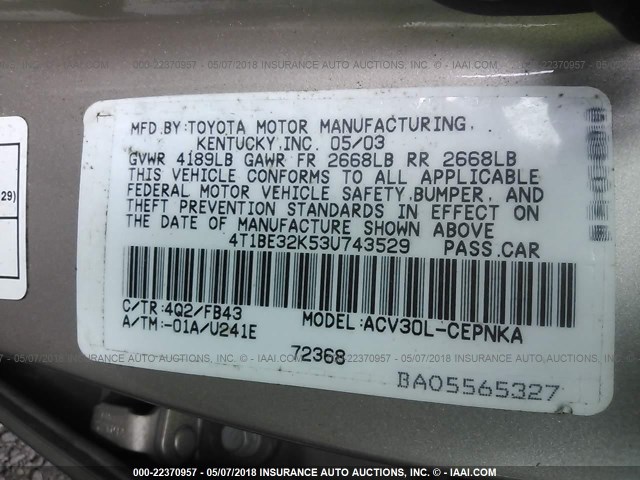4T1BE32K53U743529 - 2003 TOYOTA CAMRY LE/XLE/SE Алтын фото 9