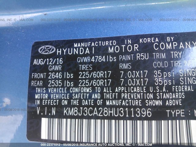 KM8J3CA28HU311396 - 2017 HYUNDAI TUCSON LIMITED/SPORT AND ECO/SE BLUE photo 9
