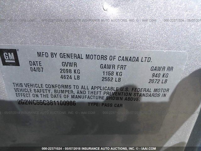 2G2WC55C381100986 - 2008 PONTIAC GRAND PRIX GXP SILVER photo 9