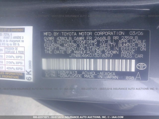 JTNBE46K073018397 - 2007 TOYOTA CAMRY NEW GENERAT CE/LE/XLE/SE GRAY photo 9