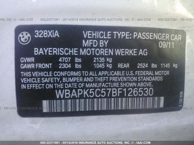 WBAPK5C57BF126530 - 2011 BMW 328 XI SULEV WHITE photo 9