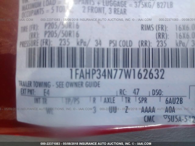 1FAHP34N77W162632 - 2007 FORD FOCUS ZX4/S/SE/SES RED photo 9