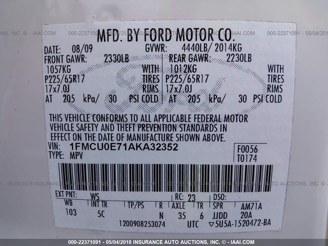 1FMCU0E71AKA32352 - 2010 FORD ESCAPE LIMITED WHITE photo 9